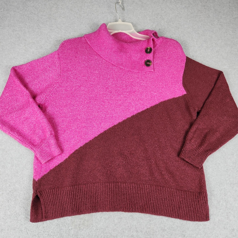 Lane Bryant Sweater Womens 14/16 Pink Burgundy Colorblock Knit Button‎ Cowl Neck